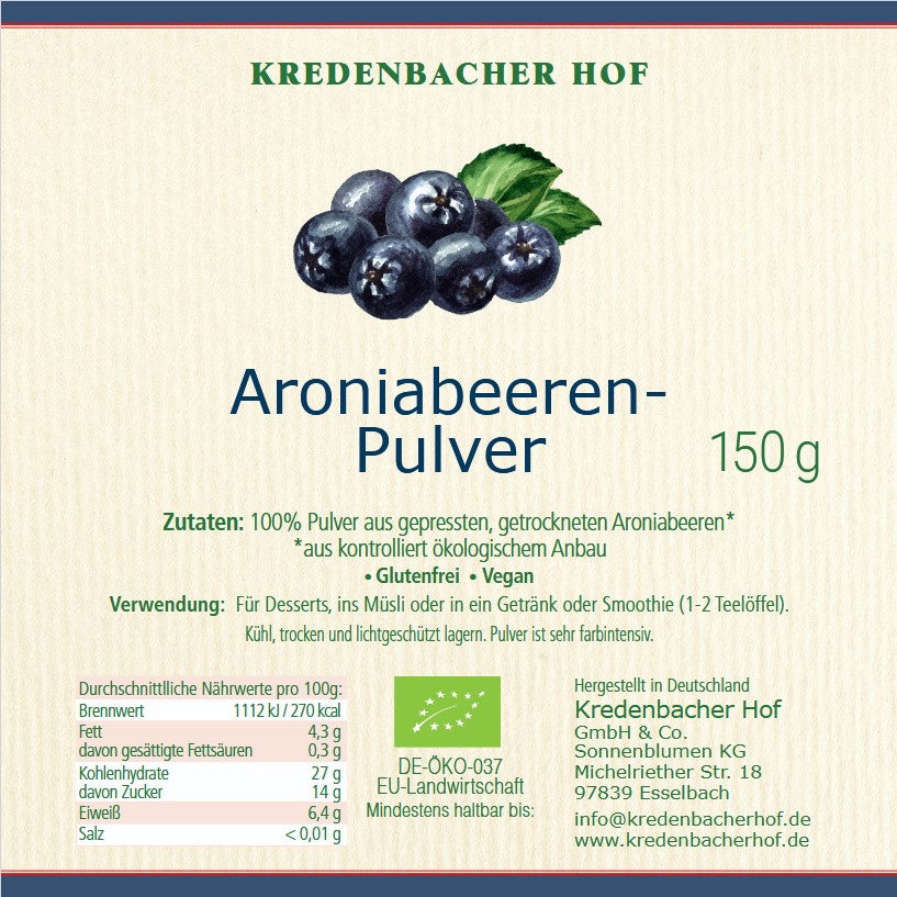 Etikett des Bio-Aroniabeerenpulvers vom Kredenbacher Hof