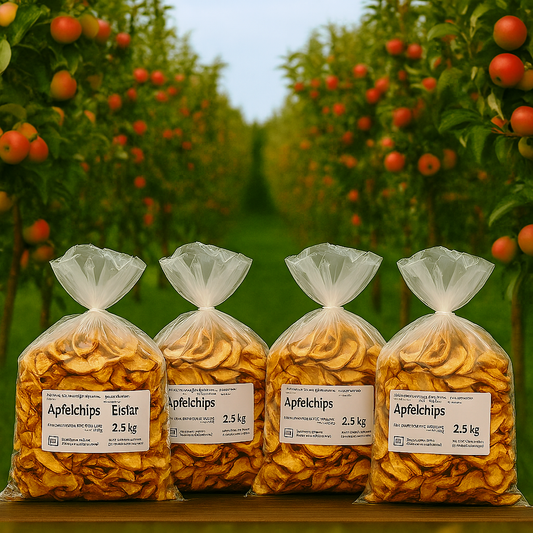 10 kg bio Apfelchips vor Obstanlage