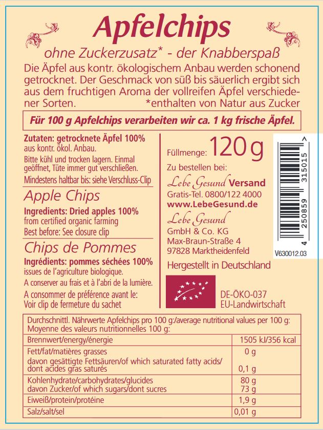 Zutatenliste für Bio‑Apfelchips