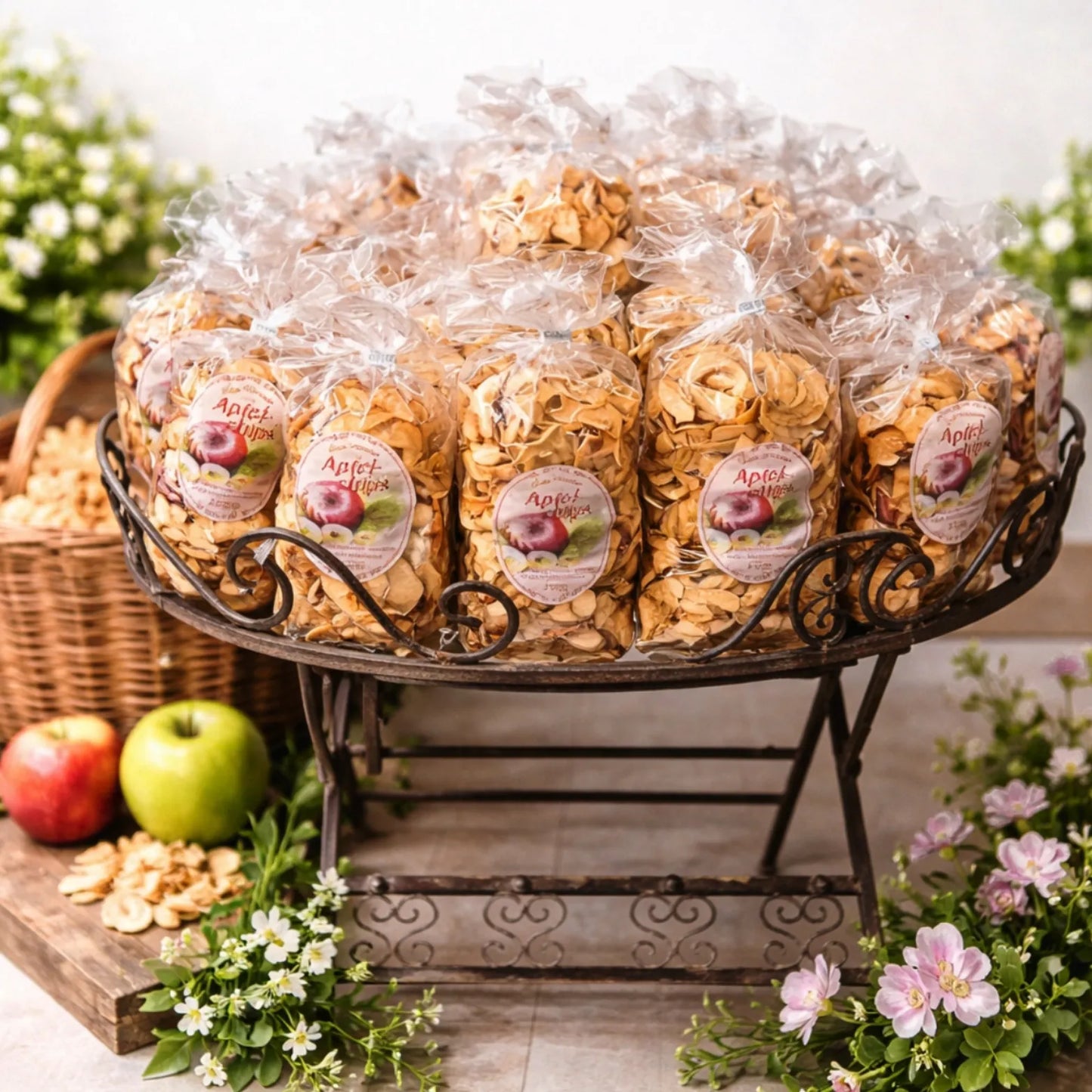 Bio Apfelchips dekorativ zum Ladenverkauf aufgebaut