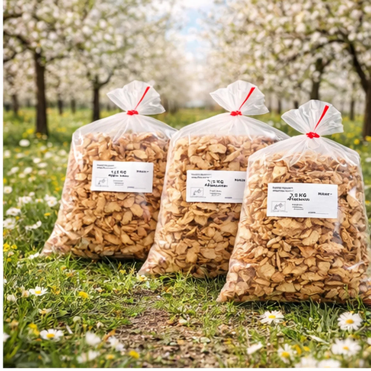 3 Beutel mit 2,5 kg Bio Apfelchips in blühender Apfelplantage – natürliche, knusprige Apfelchips