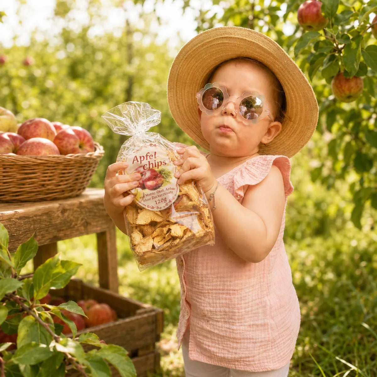 süßes Kind mit einer Tüte knusprigen Apfelchips vom Kredenbacher Hof