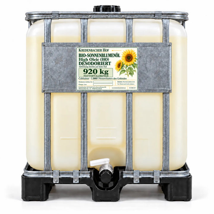 Deodorised organic high-oleic sunflower oil in a 920 kg net Cubitainer with an HO label, front view