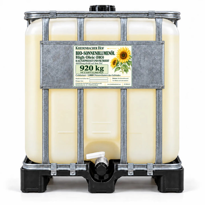 Cold-pressed, filtered organic high-oleic sunflower oil in a 920 kg net Cubitainer with an HO label, front view