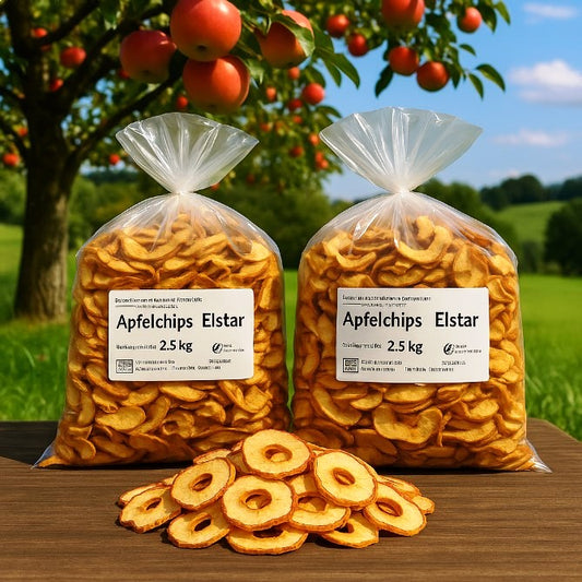 5 kg bio Apfelchips vor Obstanlage